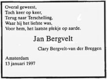 1997 Overlijden Jan Bergvelt [1936 - 1997]  